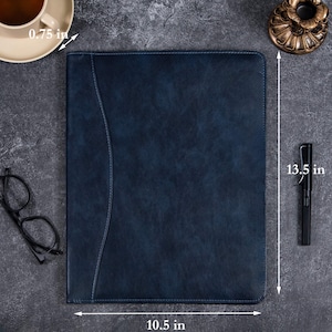 Personalized Name Logo Dark Blue Leather Padfolio with Clipboard,A4 Custom Portfolio for Men, Leather Notepad Cover, Unique Anniversary Gift image 2