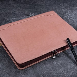 Carpeta de 3 anillas de cuero vegano rosa, portafolios con cremallera y bloc de notas A4, portafolios de cuero personalizado, regalo de graduación para mujeres