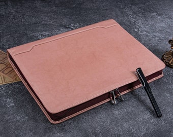 3-Ring Binder Pink Vegan Leather Portfolio, Zippered Padfolio with A4 Notepad, Personalized Leather Portfolio, Graduation Gift for Women