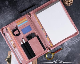 Portafolio personalizado en oro rosa, portafolios A4 de piel sintética, maletín personalizado, organizador de blocs de notas, soporte para portátil de 13 pulgadas con cremallera, regalo para ella