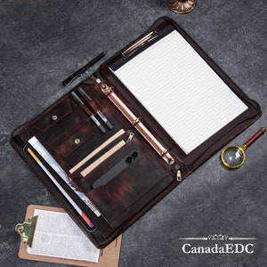 Carpeta de 3 anillos personalizada de cuero encerado al óleo para hombres, portafolios con portapapeles, soporte para bloc de notas legal, regalo de Navidad personalizado