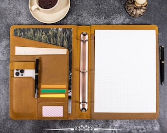 A4 Genuine Leather Padfolio, Personalized Briefcase,3-Ring Binder Journals, Brown Custom Padfolio, Business Gift