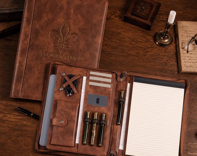 Personalized Leather Portfolio Folder, Custom Logo Padfolio, Executive Resume Binder, Business Organizer, Graduation Gift for Men & Women