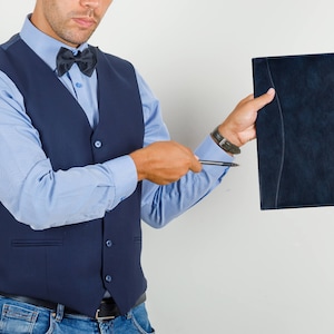 Personalized Name Logo Dark Blue Leather Padfolio with Clipboard,A4 Custom Portfolio for Men, Leather Notepad Cover, Unique Anniversary Gift image 9