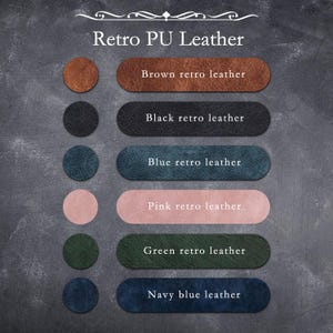 May include: A color chart titled Retro PU Leather displaying six circular swatches and corresponding rectangular labels in brown, black, blue, pink, green, and navy blue. Each label includes the color name and the text retro leather.