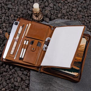 A4 Personalized Genuine Leather Portfolio, 13&quot; iPad Pro Case 2024, Zippered Padfolio with Name, Custom Office Desk Storage Bag, Gift for Him