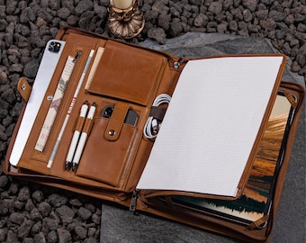A4 personalisierte Echtleder Mappe, 13 "iPad Pro Hülle 2024, Padfolio mit Reißverschluss mit Namen, kundenspezifische Büro Schreibtisch Aufbewahrungstasche, Geschenk für Ihn