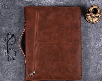 A4 Personalized Name or Logo Portfolio | PU Leather Padfolio with Handle | 13.5" Business Holder | Zippered Briefcase Folio | Custom Gift