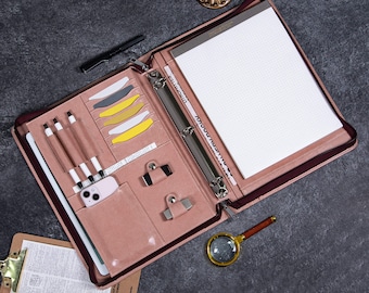3-Ring Binder Pink Vegan Leather Portfolio, Zippered Padfolio with A4 Notepad, Personalized Leather Portfolio,Gift for Women,Graduation Gift