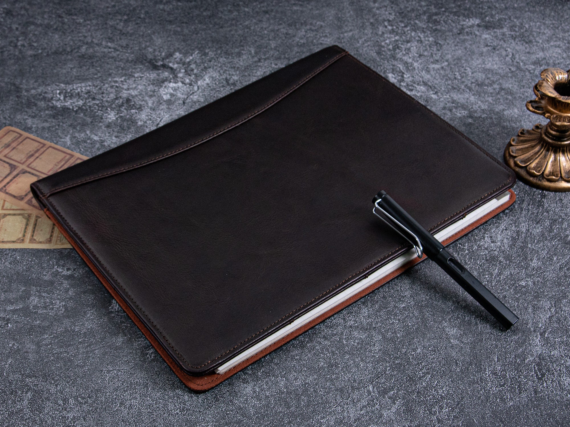 A4 Red Brown Oil Wax Leather Padfolio for Men,personalized Portfolio ...