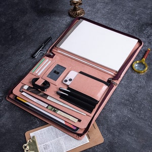 Portafolio de cuero vegano rosa personalizado para mujer, carpeta organizadora de oficina A4 con cremallera, portafolios de negocios personalizado, regalo de graduación único