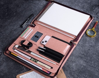 Women's Personalized Pink Vegan Leather Portfolio, A4 Office Organizer Folder with Zipper, Custom Business Padfolio, Unique Graduation Gift