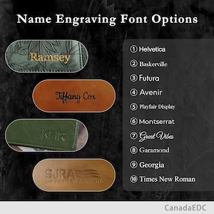 May include: A display of name engraving font options featuring four oval leather samples in green and brown shades. The text includes the heading Name Engraving Font Options and a numbered list from 1 to 10 with font names Helvetica, Baskerville, Futura, Avenir, Playfair Display, Montserrat, Great Vibes, Garamond, Georgia, and Times New Roman.