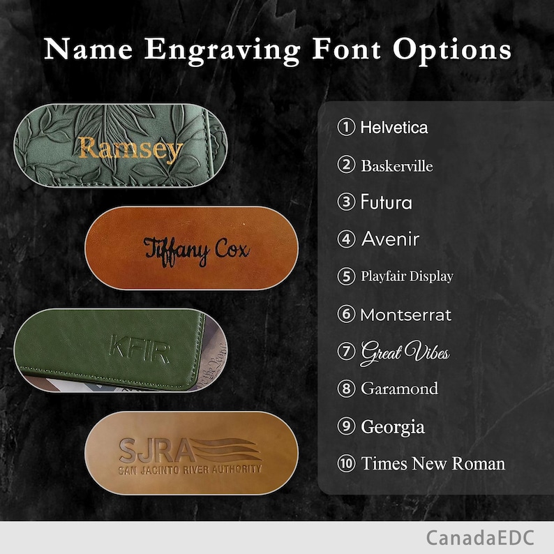 May include: A display of name engraving font options featuring four oval leather samples in green and brown shades. The text includes the heading Name Engraving Font Options and a numbered list from 1 to 10 with font names Helvetica, Baskerville, Futura, Avenir, Playfair Display, Montserrat, Great Vibes, Garamond, Georgia, and Times New Roman.