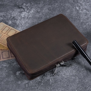 Custodia per diari A5 in vera pelle personalizzata, blocco note con cerniera Padfolio per uomo, regalo aziendale personalizzato con nome/logo per dipendenti