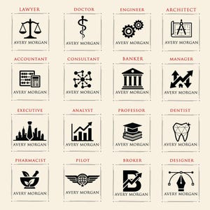 May include: A grid of sixteen square labels featuring black icons and text on a cream background. Each label displays a professional title, a corresponding black graphic symbol, and the name Avery Morgan printed in a serif font below the icon.