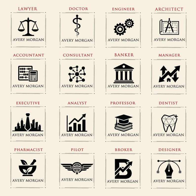 May include: A grid of sixteen square labels featuring black icons and text on a cream background. Each label displays a professional title, a corresponding black graphic symbol, and the name Avery Morgan printed in a serif font below the icon.