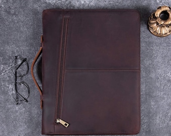 Personalized Crazy Horse Leather Portfolio with Handle, Retro Custom Padfolio, Zipper A4 Document Holder, Laptop Handbag Case, Gifts for Him