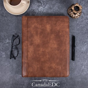 Pasta masculina de couro marrom vintage com 3 argolas com zíper, organizador de documentos personalizado A4, armazenamento de escritório para ele, presente de noivado