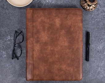 Pasta masculina de couro marrom vintage com 3 argolas com zíper, organizador de documentos personalizado A4, armazenamento de escritório para ele, presente de noivado