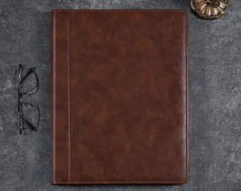 Personalized Dark Brown Leather Portfolio with Zipper,Engraved Business Padfolio for Men,Custom A4 Leather Refillable Folio,Graduation Gift