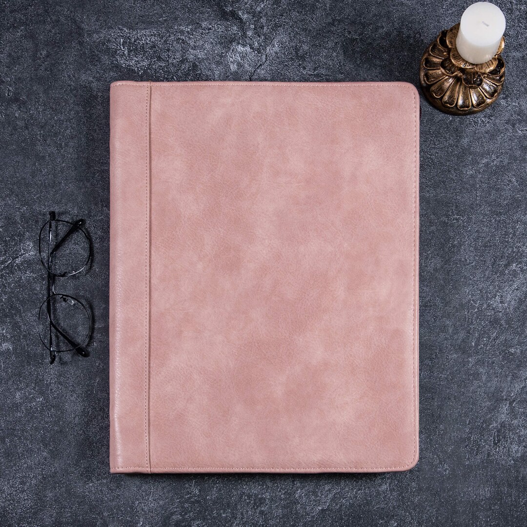 Womens A4 Engraved Name&logo Pink Leather Portfolio,zipeered Vintage PU