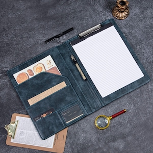 Portafolio de cuero azul vintage personalizado para hombres, portafolio personalizado con portapapeles, organizador de bloc de notas con logotipo/nombre grabado, regalo del Día del Padre