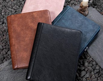 A4 Women Vintage Pink PU Leather Portfolio, Engraved Name&Logo Leather Padfolio, Custom Document Organizer Folio for Her,Back to School Gift