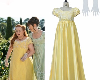 Bridgerton Dress Penelope Featherington Yellow Cosplay Regency Ball Vintage Gown, Tea Party Dress, Halloween 2022 Costume, Yellow Ball Gown