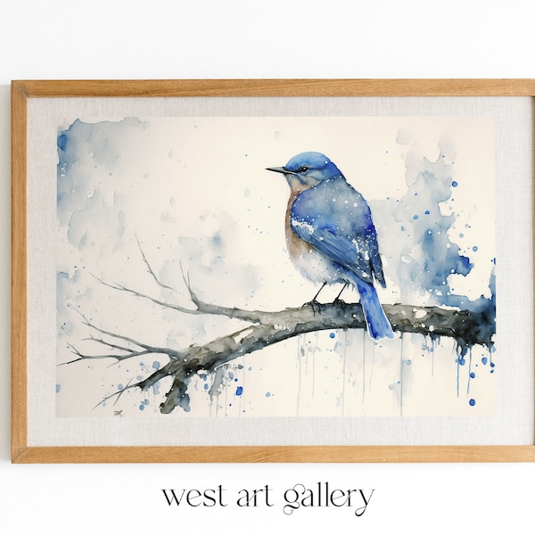 Bluebird Watercolor Painting, Bluebird Print, Digital Download, Blue Bird Tree Painting, Bird Print Watercolor, Minimalistic style