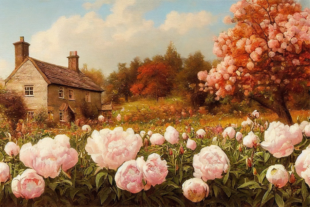 Vintage Cottage Oil Painting, Fall Flower Art Painting, Farmhouse Home