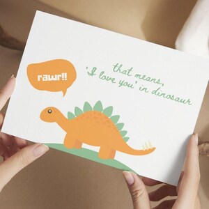 恐竜のバレンタインデー カード、恐竜の言葉で愛してる、かわいい恐竜、Rawr、ハート、記念日、印刷可能なカード、PNG および PDF ファイル