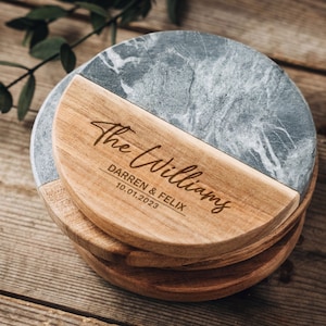 Personalized Round Marble Wood Coaster Set, Custom Coasters, Housewarming Gifts, Anniversary Gift for Husband, Engagement Gifts for Couple