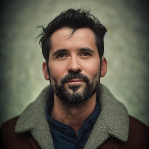 May include: A portrait of a man with dark hair and a full beard. He is wearing a brown jacket with a gray shearling collar over a blue shirt. The background is a muted green.