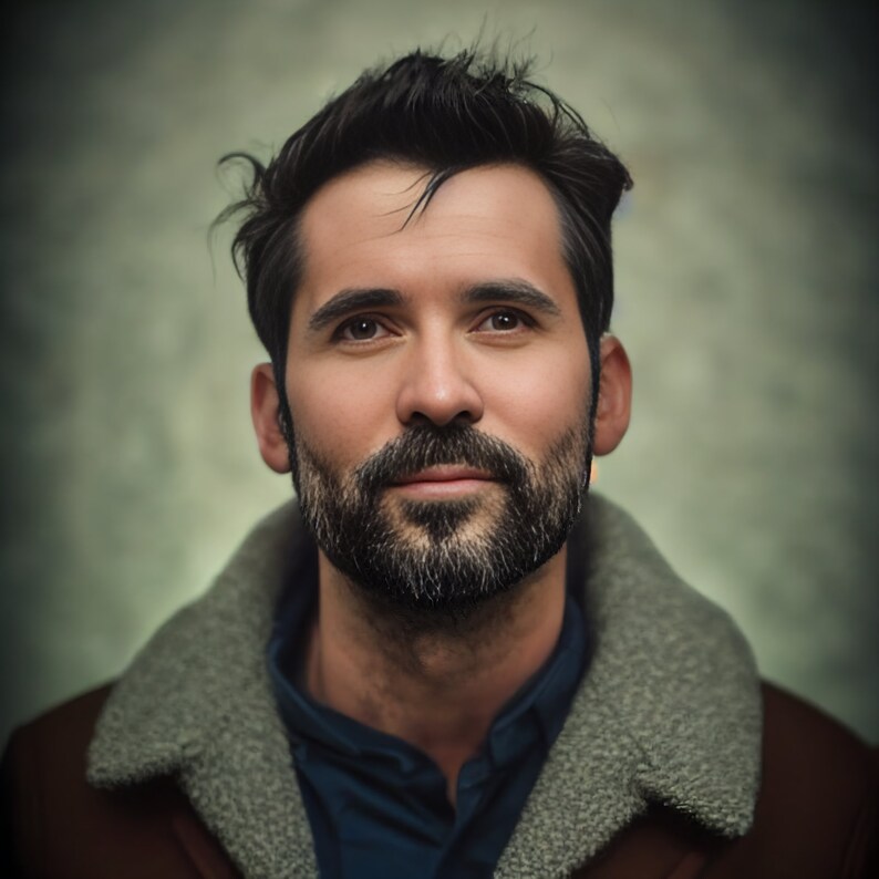 May include: A portrait of a man with dark hair and a full beard. He is wearing a brown jacket with a gray shearling collar over a blue shirt. The background is a muted green.