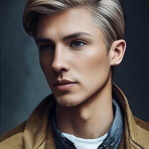 May include: Portrait of a person with light skin, blue eyes, and blonde hair. The person is wearing a tan jacket over a dark shirt and white undershirt. The background is a muted gray.