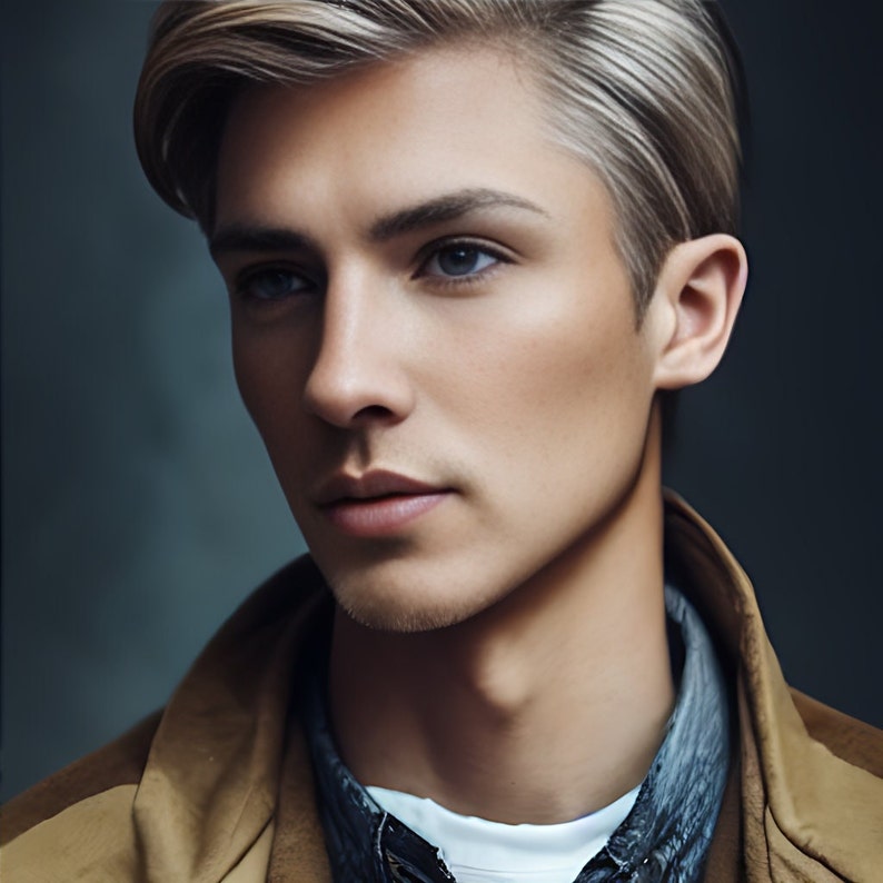 May include: Portrait of a person with light skin, blue eyes, and blonde hair. The person is wearing a tan jacket over a dark shirt and white undershirt. The background is a muted gray.