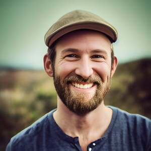 May include: A smiling person wearing a brown newsboy cap and a blue Henley shirt. The person has a full brown beard and is looking directly at the camera. The background is blurred, with hints of a natural outdoor setting.