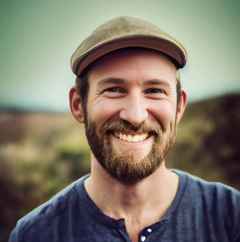 May include: A smiling person wearing a brown newsboy cap and a blue Henley shirt. The person has a full brown beard and is looking directly at the camera. The background is blurred, with hints of a natural outdoor setting.