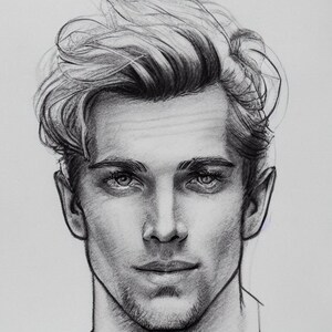 May include: A detailed pencil sketch of a man's face, showcasing realistic shading and texture. The portrait features a focus on the eyes, with tousled hair and a subtle beard. The artwork is rendered in grayscale.