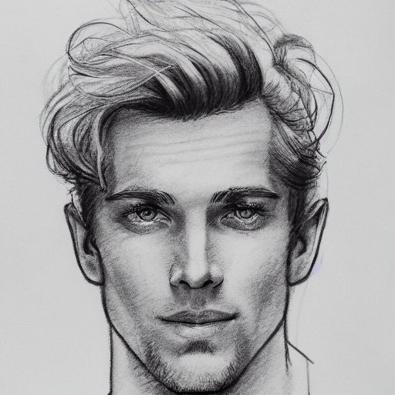 May include: A detailed pencil sketch of a man's face, showcasing realistic shading and texture. The portrait features a focus on the eyes, with tousled hair and a subtle beard. The artwork is rendered in grayscale.