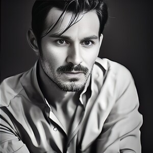 May include: Black and white portrait of a person with dark hair and a neatly trimmed beard and mustache. The person is wearing a light-colored button-down shirt, with the top button undone. The background is a dark gray.