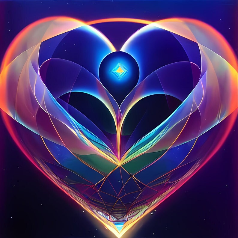 May include: Abstract digital art of a heart shape, rendered in vibrant colors. The design features layers of translucent, curved lines in shades of blue, orange, and yellow, creating a three-dimensional effect. A central, glowing diamond shape adds a focal point.