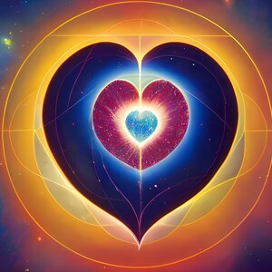 May include: Abstract digital art featuring a heart-shaped design with multiple layers. The outer layer is a deep blue, followed by a vibrant red and purple center, and a bright blue heart at the core. The artwork is set against a warm, golden background.