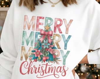 Merry Merry Merry Christmas PNG Retro Pastel Tree with Bow Digital Download Holiday Sublimation Design for Shirts Mugs Cards
