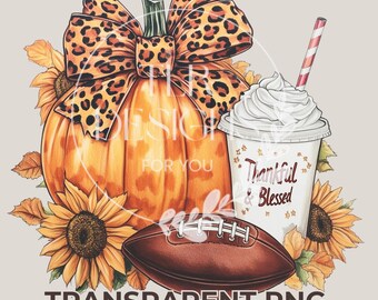 Thankful & Blessed Leopard Pumpkin Football Fall PNG Download, Thanksgiving Clipart, Cozy Autumn Printable Design for Crafts