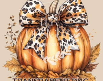Leopard Bow Pumpkin PNG Fall Animal Print Digital Art Rustic Thanksgiving Clipart Autumn Decor Wild Print Pumpkin Illustration Download