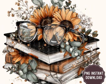 Book Lover Clipart PNG Fall Sunflowers with Glasses Rustic Autumn Aesthetic Sublimation Design Digital Download for Shirts Mugs Totes