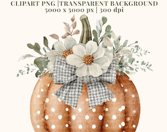 Autumn Pumpkin Clipart with Gingham Bow and Polka Dots Rustic Farmhouse Watercolor Fall Cozy Cottage PNG