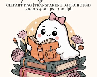 Kawaii Ghost Clipart Rosa Rosett Bok PNG Halloween Pastell Söt Spöklik Säsong Digitalt Klistermärke Sublimering Höstpyssel
